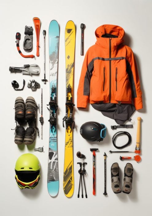 Ski equipment on a light background. Generative AI.